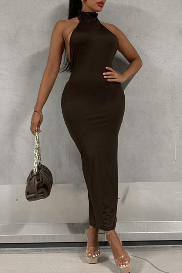 Brown Fashion Sexy Solid Backless Turtleneck Sleeveless Dress Dresses