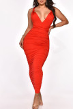Red Sexy Solid Split Joint Frenulum Fold Asymmetrical One Step Skirt Dresses