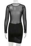 Apricot Fashion Sexy Patchwork See-through O Neck Long Sleeve Dresses