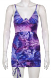 Purple Fashion Sexy Print Draw String Frenulum V Neck Sling Dress