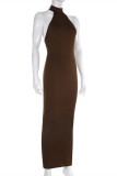 Brown Fashion Sexy Solid Backless Turtleneck Sleeveless Dress Dresses