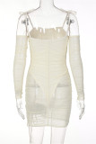 Apricot Fashion Sexy Solid Draw String Backless Fold Off the Shoulder Long Sleeve Dresses