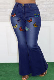 Blue Fashion Casual Butterfly Print Basic Plus Size Jeans