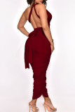 Tangerine Red Sexy Solid Split Joint Frenulum Fold Asymmetrical One Step Skirt Dresses