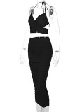 Yellow Fashion Sexy Solid Hollowed Out Backless Halter Sleeveless Two Pieces