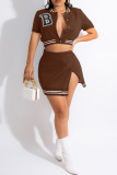 Dark Brown Fashion Sexy Letter Patchwork Slit O Neck Short Sleeve Two Pieces