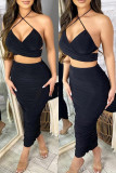 Yellow Fashion Sexy Solid Hollowed Out Backless Halter Sleeveless Two Pieces