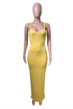 Yellow Fashion Sexy Solid Backless Spaghetti Strap Long Dress