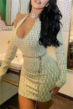Multicolor Fashion Sexy Print Hollowed Out U Neck Long Sleeve Dresses