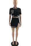 Black Fashion Sexy Letter Patchwork Slit O Neck Short Sleeve Two Pieces