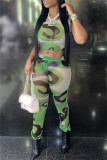 Green Fashion Sexy Print See-through O Neck Short Sleeve Two Pieces