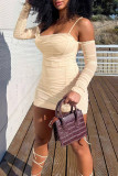 Apricot Fashion Sexy Solid Draw String Backless Fold Off the Shoulder Long Sleeve Dresses