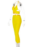 Yellow Fashion Sexy Solid Hollowed Out Backless Halter Sleeveless Two Pieces