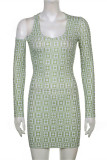 Multicolor Fashion Sexy Print Hollowed Out U Neck Long Sleeve Dresses
