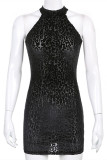 Black Fashion Sexy Print Basic Half A Turtleneck Sleeveless Dress