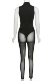 Black Fashion Sexy Solid Patchwork See-through Turtleneck Sleeveless Two Pieces