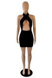 Black Fashion Sexy Solid Hollowed Out Turtleneck Sleeveless Dress