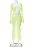 Green Sexy Solid Patchwork Square Collar Long Sleeve Two Pieces