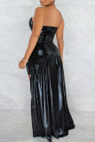Black Fashion Sexy Patchwork Hot Drilling Backless Strapless Irregular Dress