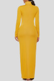 Orange Yellow Fashion Casual Solid Basic Turtleneck Long Sleeve Dresses