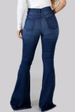 Dark Blue Casual Street Solid Ripped Patchwork High Waist Denim Jeans