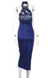 Blue Fashion Sexy Solid Backless Turtleneck Sleeveless Dress Dresses