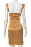 Gold Sexy Solid Patchwork Square Collar Irregular Dress Dresses