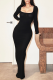 Black Fashion Solid Patchwork Square Collar Pencil Skirt Dresses