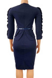 Tibetan Blue Casual Solid Patchwork Stringy Selvedge O Neck One Step Skirt Dresses