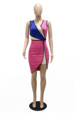 Rose Pink Fashion Sexy Patchwork Asymmetrical V Neck Sleeveless Dress