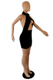 Black Fashion Sexy Solid Hollowed Out Turtleneck Sleeveless Dress