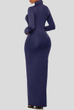 Deep Blue Fashion Casual Solid Basic Turtleneck Long Sleeve Dresses