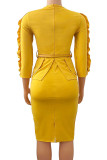 Yellow Casual Solid Patchwork Stringy Selvedge O Neck One Step Skirt Dresses