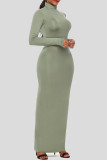 Green Fashion Casual Solid Basic Turtleneck Long Sleeve Dresses