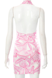 Pink Sexy Print Backless Halter Pencil Skirt Dresses