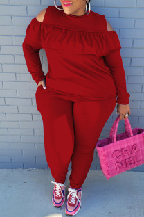 Red Fashion Casual Solid Hollowed Out O Neck Plus Size Two Pieces