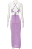 Purple Sexy Solid Patchwork Halter Sleeveless Two Pieces