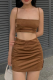 Brownness Sexy Solid Patchwork Spaghetti Strap Sleeveless Two Pieces