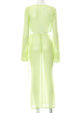 Green Sexy Solid Patchwork Square Collar Long Sleeve Two Pieces