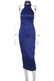 Blue Fashion Sexy Solid Backless Turtleneck Sleeveless Dress Dresses