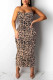 Khaki Sexy Spaghetti Strap Leopard Dress
