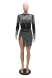 Black Fashion Sexy Patchwork Hot Drilling See-through Slit Turtleneck Long Sleeve Dresses