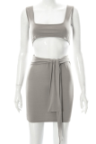 Grey Sexy Solid Patchwork U Neck Sleeveless Two Pieces
