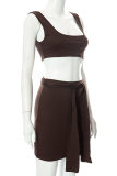 Brown Sexy Solid Patchwork U Neck Sleeveless Two Pieces