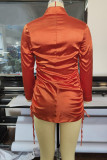 Tangerine Red Sexy Solid Patchwork Frenulum Buckle Fold Turndown Collar Irregular Dress Dresses