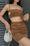 Brownness Sexy Solid Patchwork Spaghetti Strap Sleeveless Two Pieces