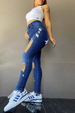 Blue Fashion Casual Hot Drilling Ripped High Waist Skinny Denim Jeans