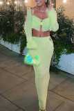 Green Sexy Solid Patchwork Square Collar Long Sleeve Two Pieces
