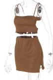 Brownness Sexy Solid Patchwork Spaghetti Strap Sleeveless Two Pieces