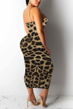 Gold Sexy Spaghetti Strap Leopard Dress